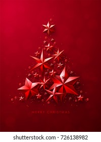 Christmas Tree made of Cutout Red Foil Stars on Red Background. Chic Christmas Greeting Card.