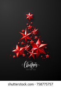 Christmas Tree made of Cutout Red Foil Stars on Black Background. Chic Christmas Greeting Card.