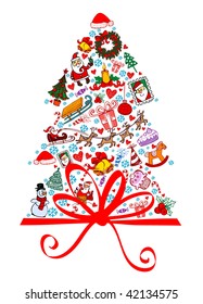 Christmas Tree made of different holiday ornaments.