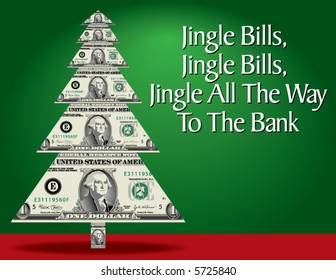 A christmas tree made of dollar bills with a clever pun as well