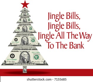 A christmas tree made of dollar bills with a clever pun as well