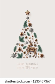 Christmas Tree made of Festive Elements, Pine Branches, Glass Decorations and Sparkling Snowflakes. Flat lay, top view.