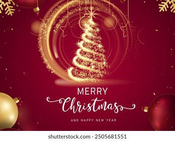 a Christmas tree made of from fire works in make a circle resembling a tree and greetings for the New Year and Christmas on a red background.