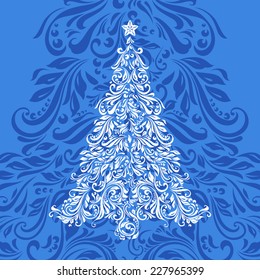 Christmas tree made of floral pattern over ornate blue background