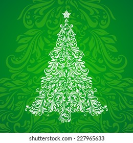 Christmas tree made of floral pattern over ornate green background