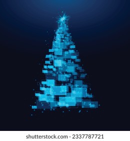 Weihnachtsbaum aus geometrischen Formen, Lichtern und Funkeln. Cyber ​ Weihnachten oder Glückliches Neues Jahr Konzept. Vektorgrafik-Hintergrund.