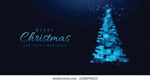 Christmas tree made of geometric shapes, lights and sparkles. Cyber ​​Christmas or Happy New Year concept. Vector tech background.