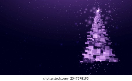 Christmas tree made of geometric shapes, lights and sparkles. Cyber ​​Christmas or Happy New Year concept. Vector tech background.