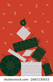 Árbol de Navidad hecho de dibujo de ilustración de caja de regalo en tema verde y blanco sobre fondo rojo