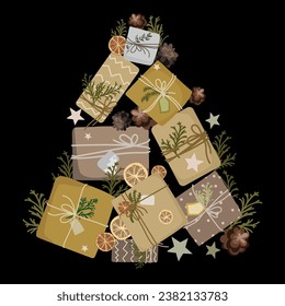Weihnachtsbaum aus Geschenkbox auf schwarzem Hintergrund.Design-Element für Weihnachten und Neujahr für Druck oder Hintergrund und jegliche Gestaltung der Feriendekoration.Vektorgrafik