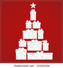 Christmas tree made from gift boxes and bows on a red background. White presents with decorative Christmas ornament. Patterned silhouettes for laser cutting, include silhouettes without ornaments.