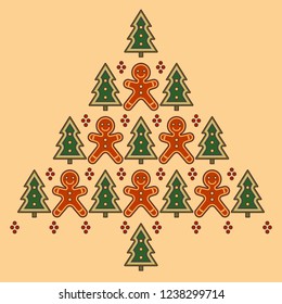 Christmas tree made from gingerbread. New year and Christmas postcard. Celebration and cooking concept. Colored Vector illustration.