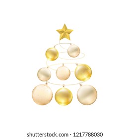 Christmas tree made of gold baubles with star isolated on white background. Realistic style. Vector illustration.