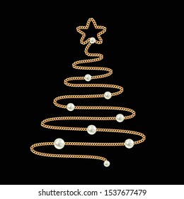 Christmas tree made with gold chain and pearls. New Year symbol for glamourus advertise designs and greeting cards
