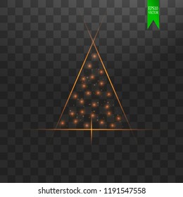 Christmas Tree made. Gold glitter bokeh lights and sparkles. Shining star, sun particles and sparks with lens flare effect on transparent background