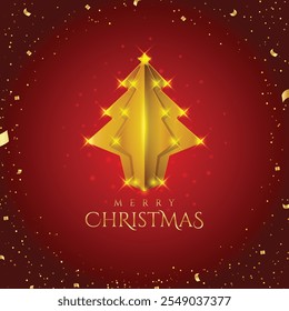 Christmas tree made of gold paper cut style gold and red background illustration