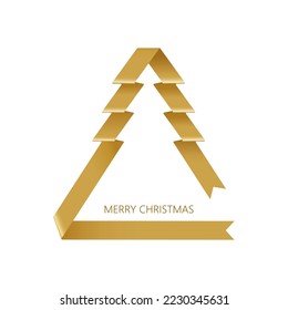 Christmas tree made of gold ribbon. Golden 3 d fir tree silhouette on  white background. Sketch vector illustration