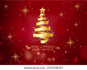 a Christmas tree made of gold ribbon in a circle resembling a tree and greetings for the New Year and Christmas on a red background.