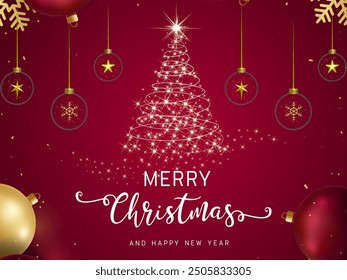 a Christmas tree made from gold star in a circle resembling a tree and greetings for the New Year and Christmas on a red background.