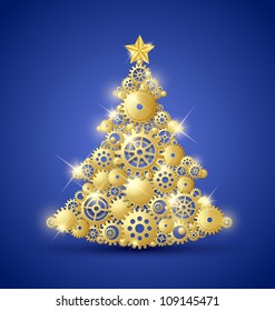 Christmas tree made of golden cogwheels and decorated with star on top