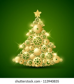 Christmas tree made of golden cogwheels and decorated with star on top