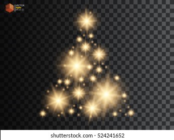 Christmas Tree made, Golden glitter bokeh lights and sparkles. Shining star, sun particles and sparks with lens flare effect on transparent background