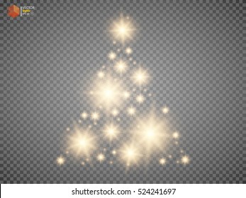 Christmas Tree made, Golden glitter bokeh lights and sparkles. Shining star, sun particles and sparks with lens flare effect on transparent background
