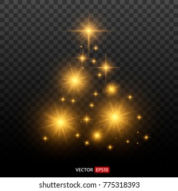 Christmas Tree made, Golden glitter bokeh lights and sparkles. Shining star and sparks with lens flare effect on transparent background. Vector EPS10