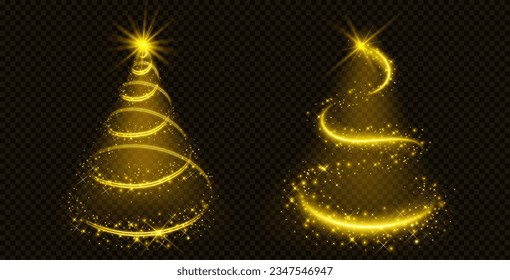 Christmas tree made of golden light and sparkles. Abstract shiny and glow magic Xmas symbol on transparent background. Realistic vector illuminated gold silhouette of fir decoration with shine effect.