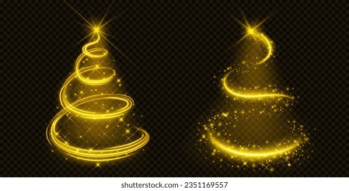 Christmas tree made of golden light and sparkles. Abstract shiny and glow magic Xmas symbol on transparent background. Realistic vector illuminated gold silhouette of fir decoration with shine effect.