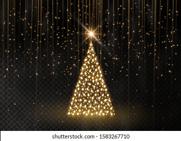 Christmas tree made of golden lights on a transparent background. Golden snow for the new year. Vector illustration.