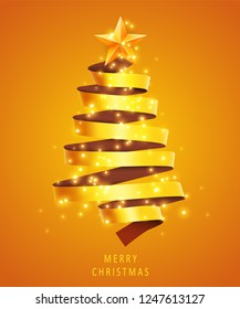 Christmas tree made of golden ribbon background. New year and christmas greeting card or party invitation. illustration.