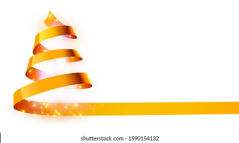 Christmas tree made of golden ribbon background. New year and christmas greeting card or party invitation. illustration.