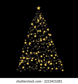 Christmas tree made of golden stars on a black background. Graphic design for New Year or Christmas card. Overlay