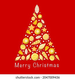 Christmas tree made of golden toys on a red background.