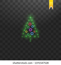 Christmas Tree made. Green glitter bokeh lights and sparkles. Shining star, sun particles and sparks with lens flare effect on transparent background