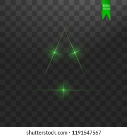 Christmas Tree made. Green glitter bokeh lights and sparkles. Shining star, sun particles and sparks with lens flare effect on transparent background