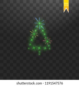 Christmas Tree made. Green glitter bokeh lights and sparkles. Shining star, sun particles and sparks with lens flare effect and with multi-colored fireworks on transparent background