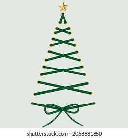 Christmas tree made of green lacing with star. Vector xmas shoelace for poster design. Vector illustration