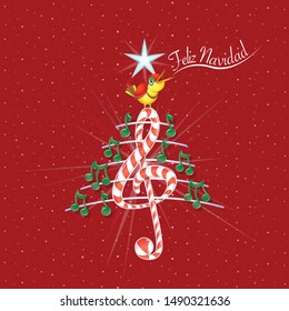 Christmas tree made of green musical notes, candy bar shaped treble clef and pentagram with title: FELIZ NAVIDAD -MERRY CHRISTMAS in spanish language- on red background with stars. Vector image