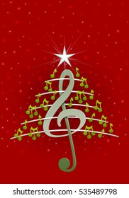 Christmas tree made of green musical notes, treble clef and pentagram on red background with stars  - Vector image