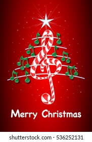 Christmas tree made of green musical notes, candy bar shaped treble clef and pentagram with title: MERRY CHRISTMAS on red background with stars  - Vector image