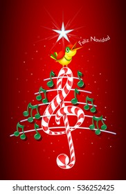 Christmas tree made of green musical notes, candy bar shaped treble clef and pentagram with yellow bird singing and title: FELIZ NAVIDAD -MERRY CHRISTMAS in spanish language- on starry red background