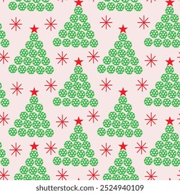 Christmas Tree Made of Green Pickleballs seamless pattern with red snowflakes. For Christmas wrapping paper, fabric, Greeting cards and Backgrounds