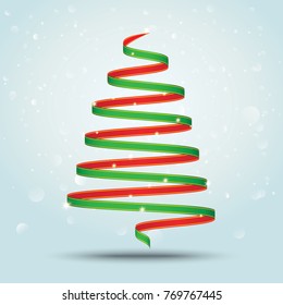 Christmas tree made of green and red ribbon on winter background with snow. Vector illustration.