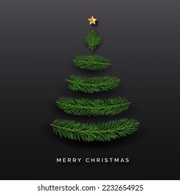 Christmas tree made from green spruce branches with a star. Festive vector concept. Minimalistic new year illustration on dark background