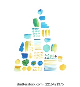Christmas tree made from hand drawn watercolor vector abstract art splashes. Merry Christmas and Happy New Year greeting card. Vector illustration.