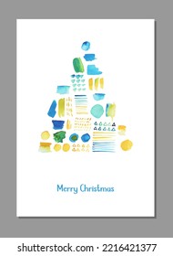 Christmas tree made from hand drawn watercolor vector abstract art splashes. Merry Christmas and Happy New Year greeting card. Vector illustration.
