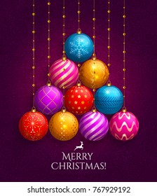 Christmas tree made of hanging baubles. Vector illustration.