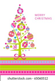 Christmas tree made of holiday balls. Greeting card